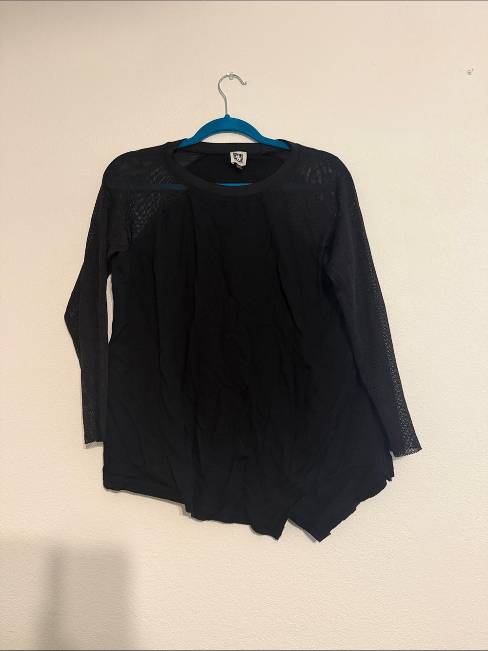 Anne Klein Black Long-Sleeve Mesh Sleeve Tee